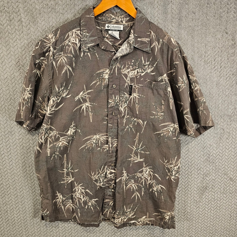 Columbia Sportswear Mens XL Brown Bamboo Print Cotton‎ Button Down Shirt AM7632